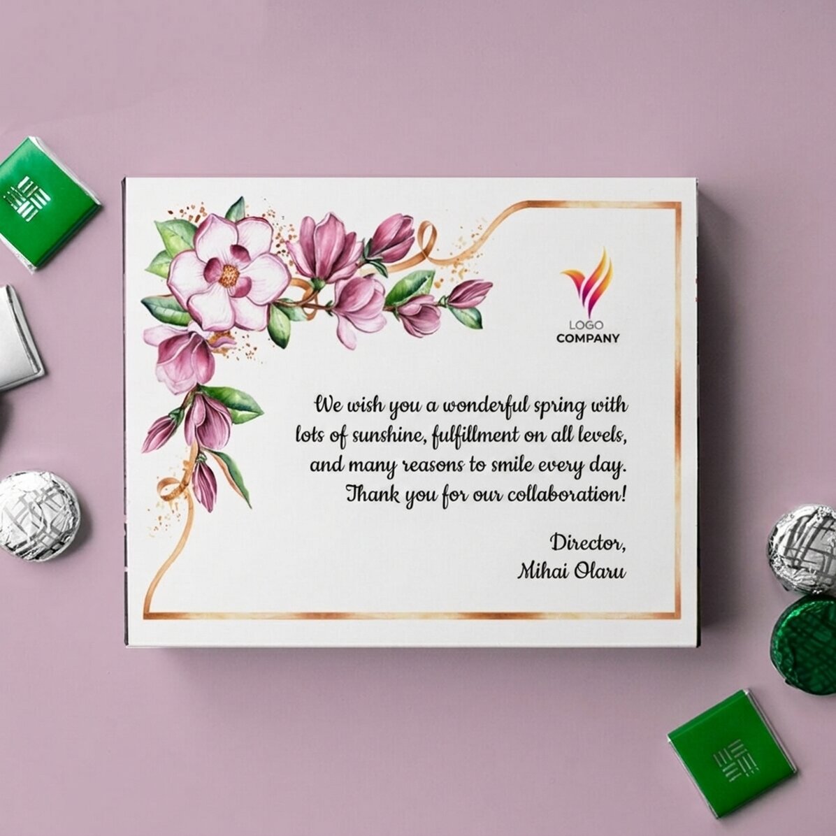 Pudełko cukierków z indywidualnym nadrukiem z logo i napisem – Floral