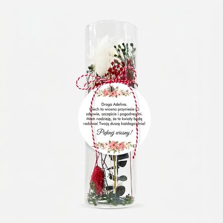 Szklana zawieszka „martisor” z zakonserwowanymi kwiatami, spersonalizowana z dedykacją