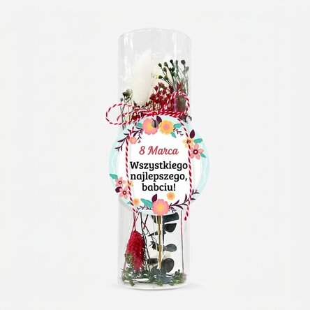 Szklana zawieszka „martisor” z zakonserwowanymi kwiatami, spersonalizowana z dedykacją