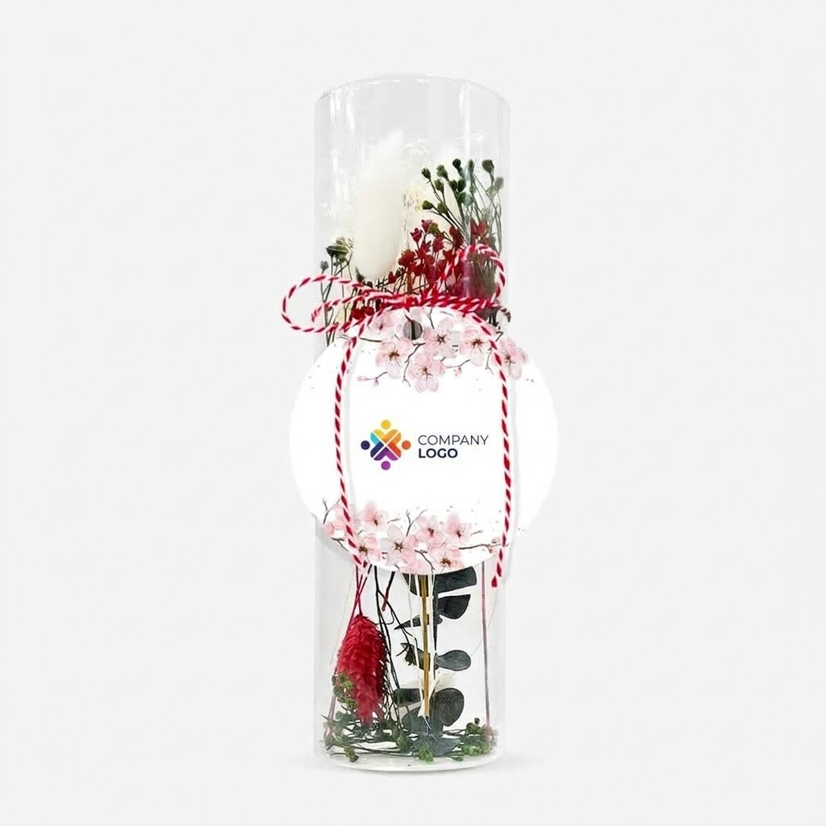 Szklana ozdoba „martisor” z zakonserwowanymi kwiatami, spersonalizowana z logo – Kwiaty