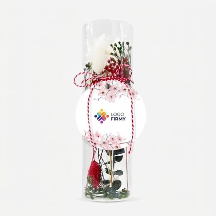 Szklana ozdoba „martisor” z zakonserwowanymi kwiatami, spersonalizowana z logo – Kwiaty