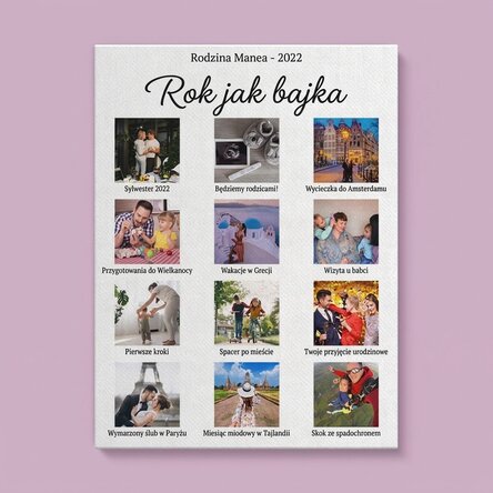 Spersonalizowany obraz na płótnie z 12 zdjęciami i tekstem – Rok jak z bajki