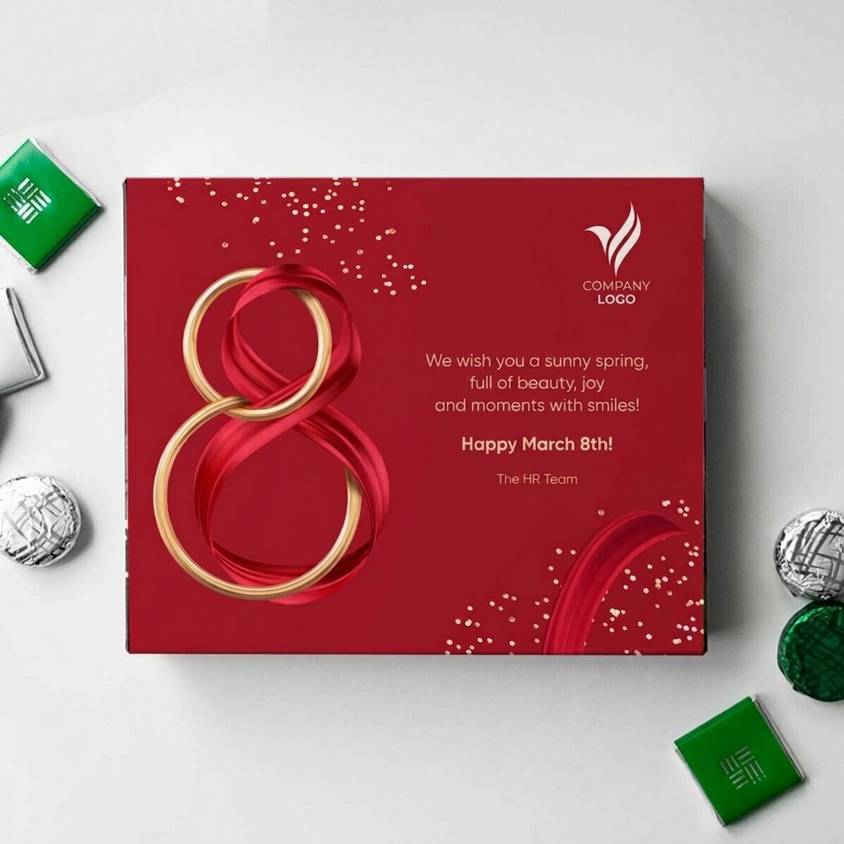 Pudełko cukierków z indywidualnym nadrukiem z logo i napisem – 8 marca