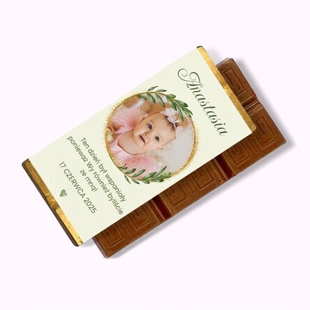 Mini tabliczka czekolady z personalizowanym nadrukiem ze zdjęciem i wiadomością na chrzciny