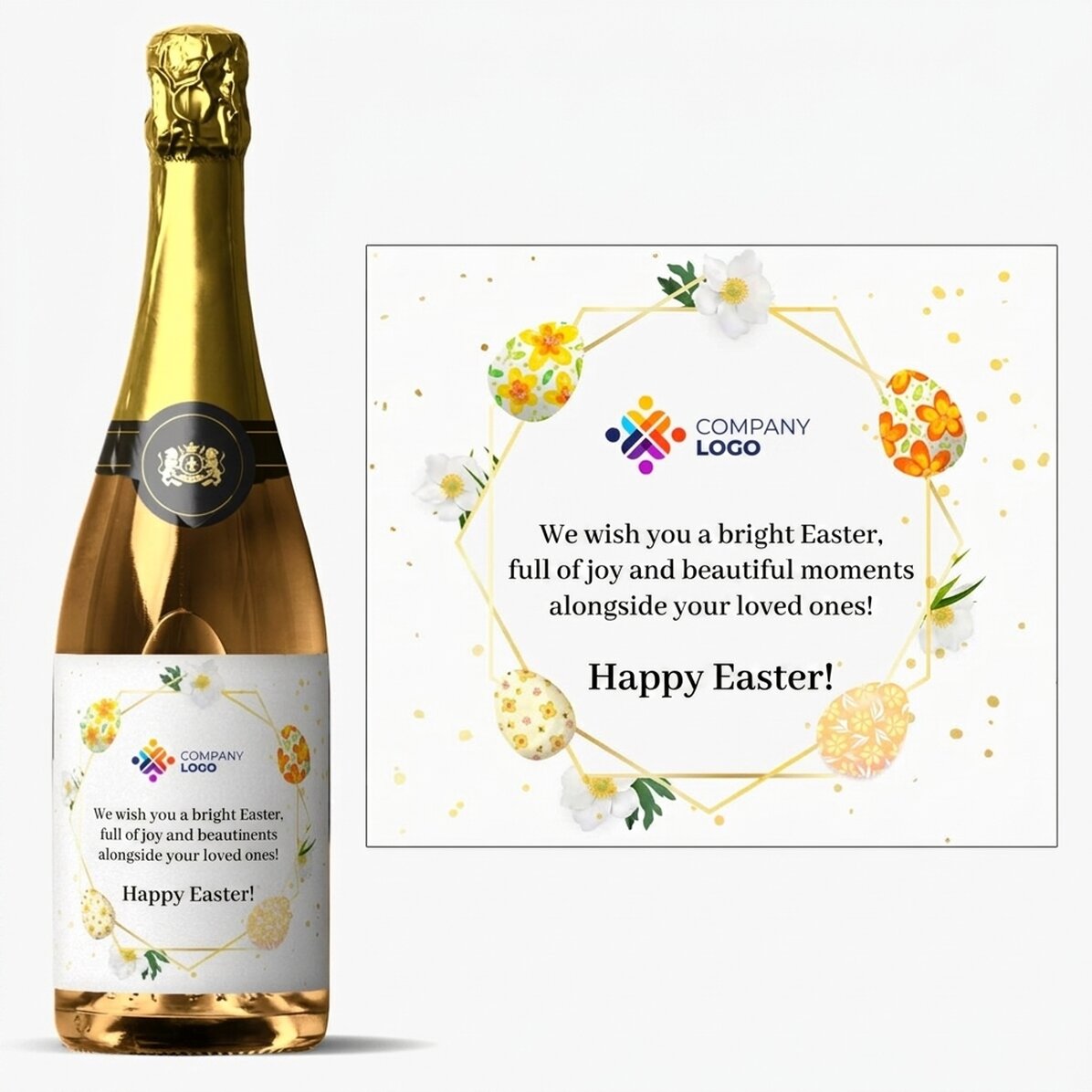 Wino musujące z indywidualnym nadrukiem logo i tekstu – życzenia wielkanocne