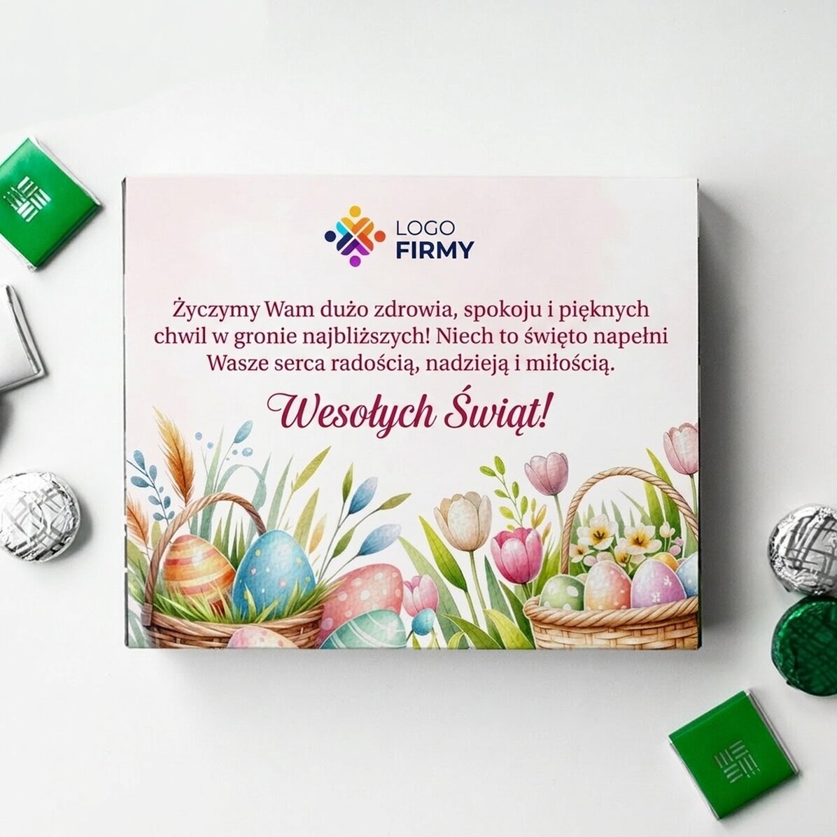 Pudełko cukierków z indywidualnym nadrukiem z logo i napisem – Wielkanoc