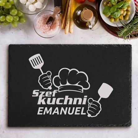 Spersonalizowana płyta z łupka z wygrawerowanym napisem – „Chef Puternic”