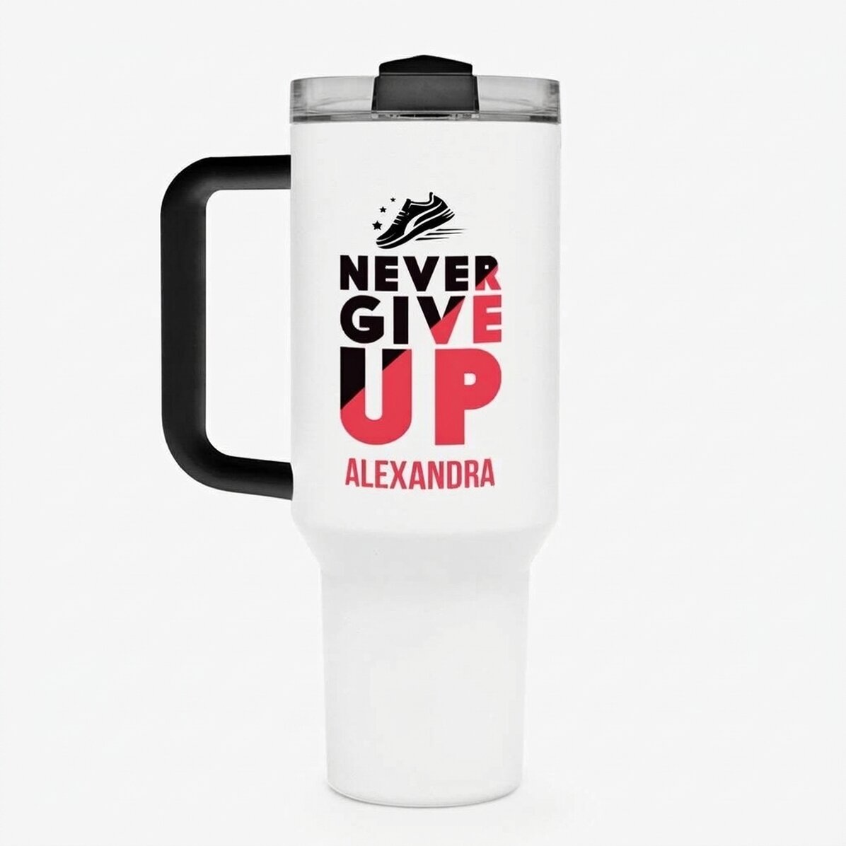 Termos z uchwytem i słomką, spersonalizowany imieniem – Never give up