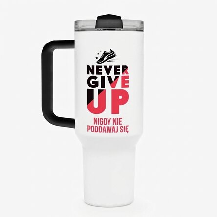 Termos z uchwytem i słomką, spersonalizowany imieniem – Never give up