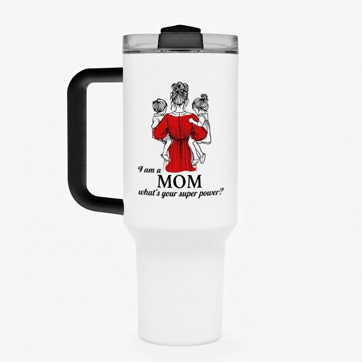 Thermos mug with handle and straw, personalised with message - Mom