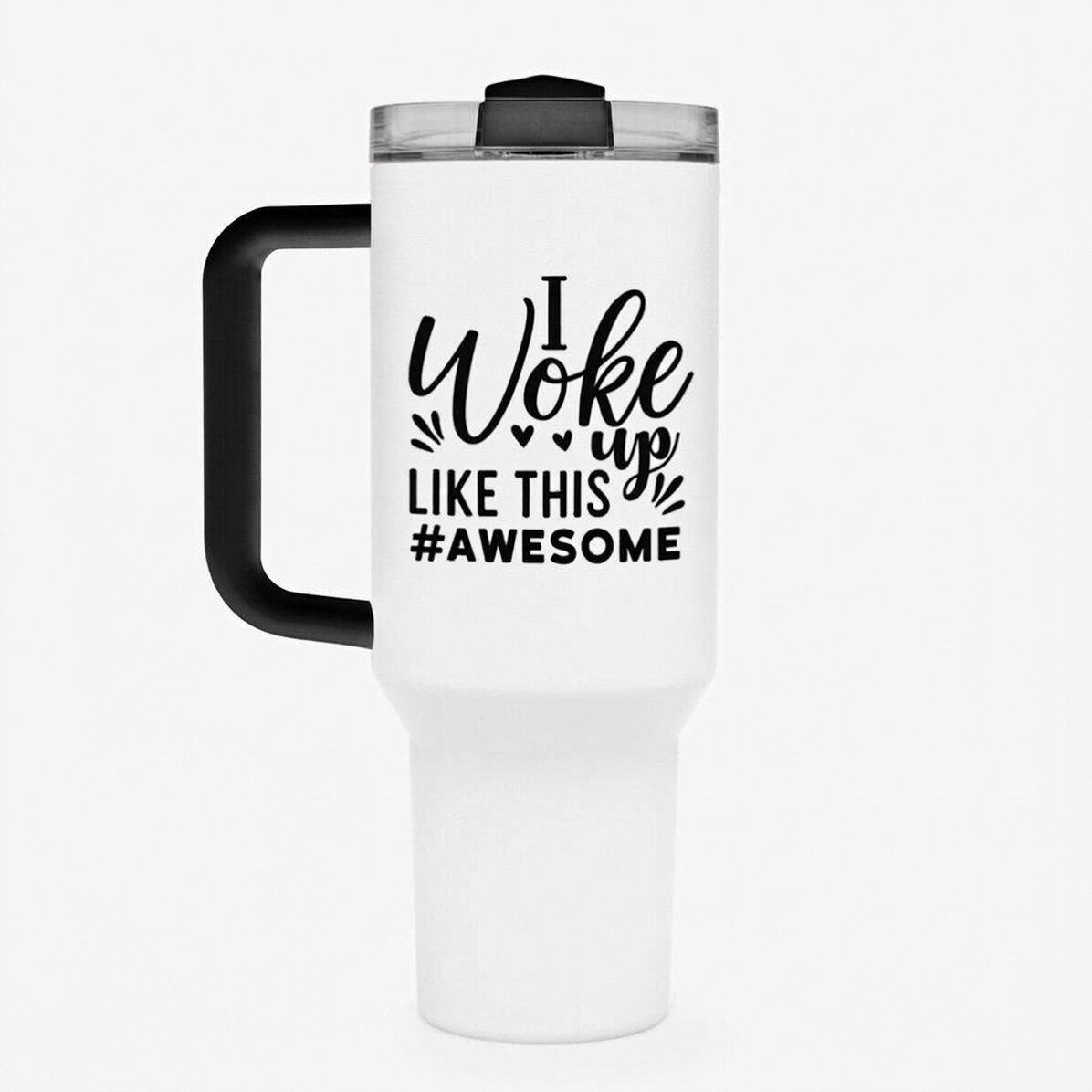 Termos z uchwytem i słomką, spersonalizowany napisem – „Woke up like this”