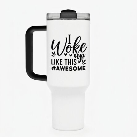 Termos z uchwytem i słomką, spersonalizowany napisem – „Woke up like this”