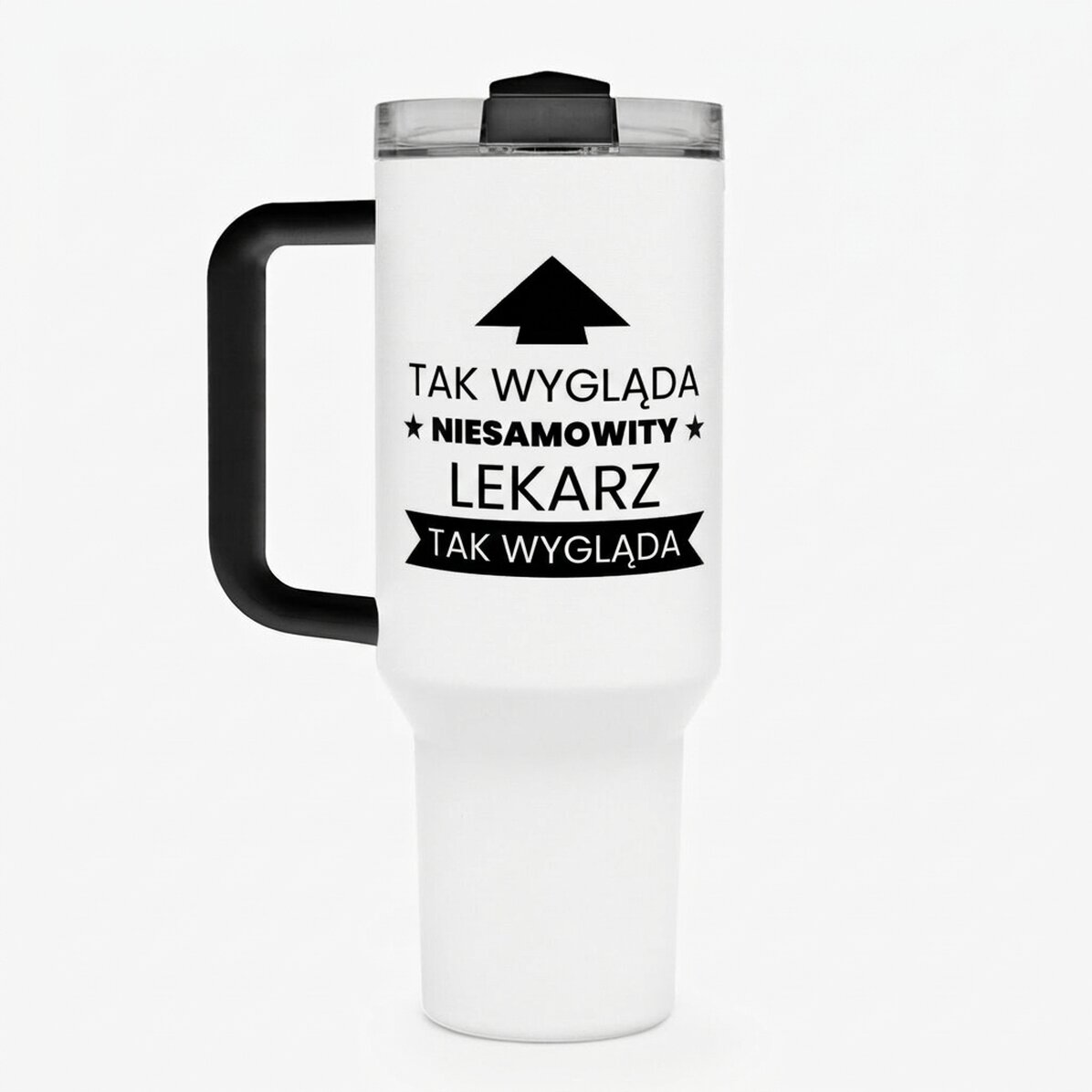 Termos z uchwytem i słomką, spersonalizowany napisem – tak wygląda