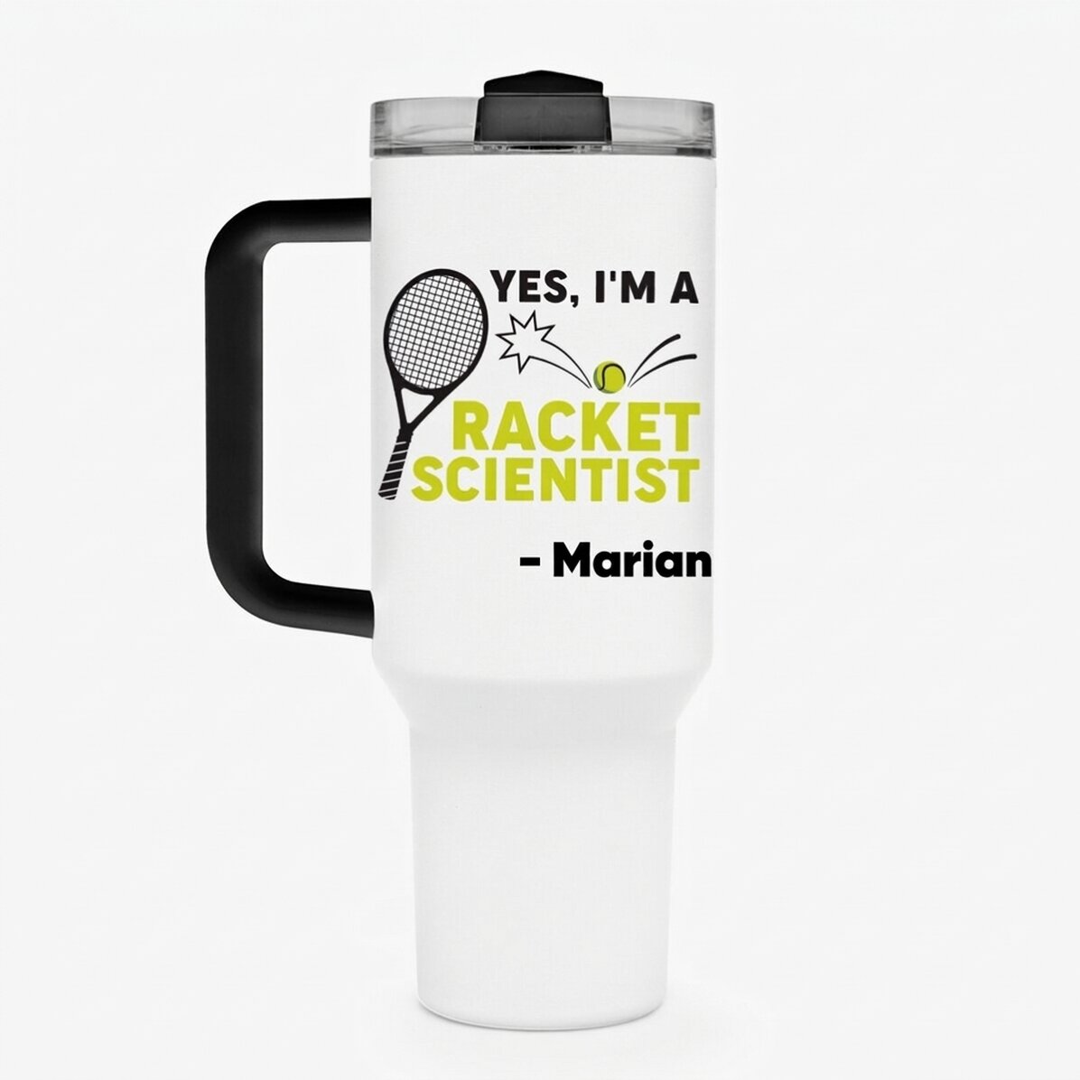Termos z uchwytem i słomką, spersonalizowany napisem – Racket scientist