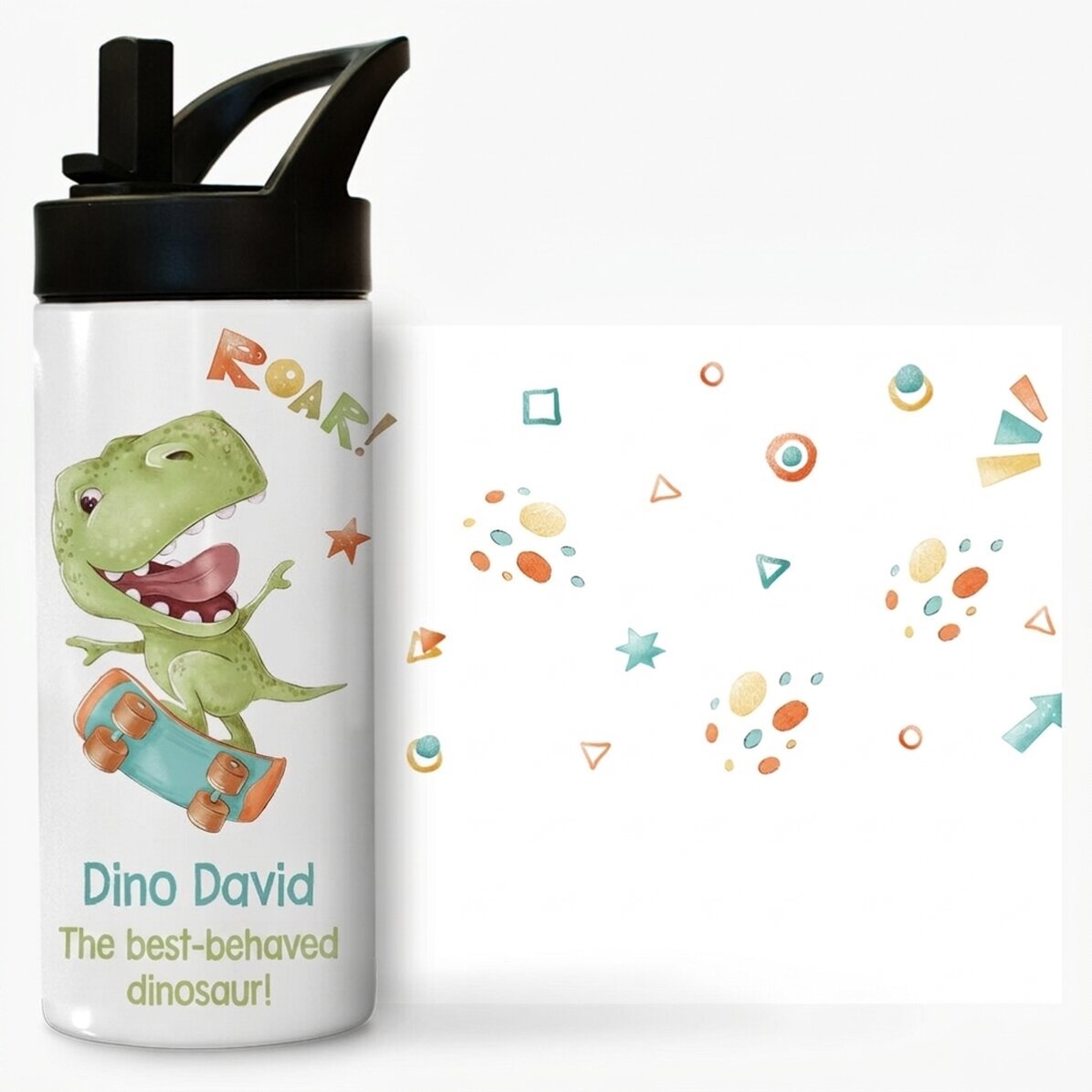 Termos z uchwytem i słomką, spersonalizowany z napisem dla dzieci – Dino
