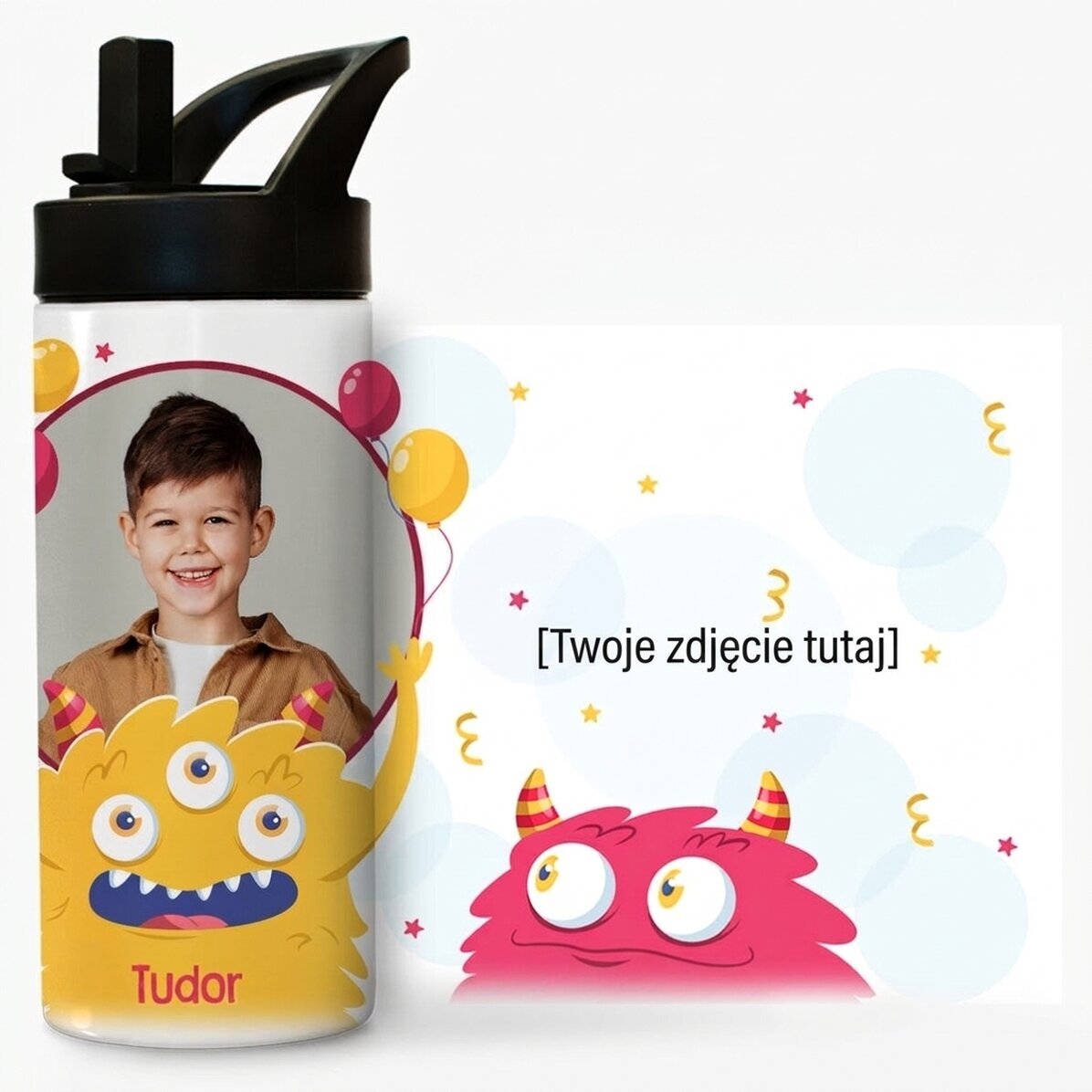 Termos z uchwytem i słomką, spersonalizowany zdjęciem i imieniem – Dzień Dziecka