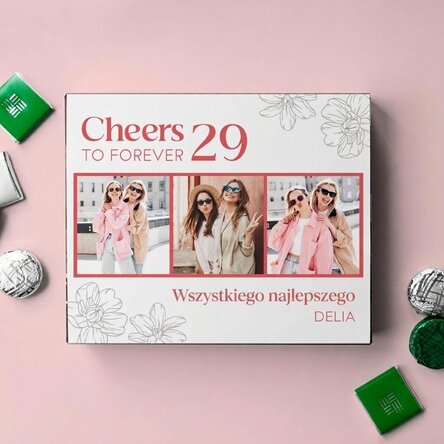Pudełko cukierków z własnym nadrukiem zdjęć i tekstu – Cheers