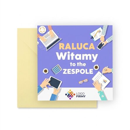 Spersonalizowana kwadratowa kartka z logo i napisem – „Witamy w zespole”