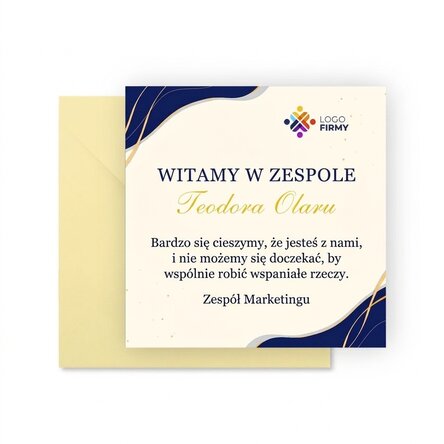 Spersonalizowana kwadratowa kartka z logo i napisem – Witaj