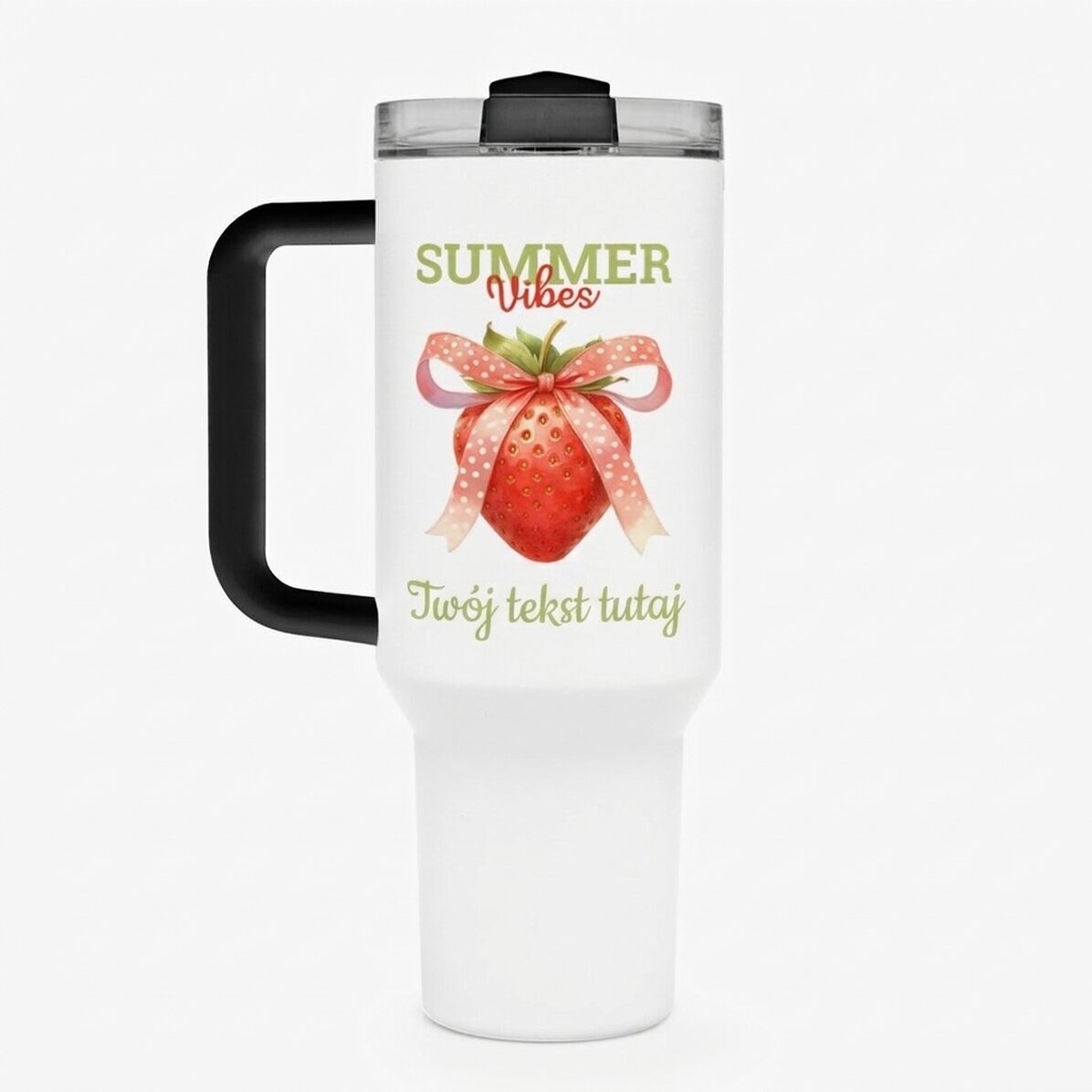 Termos z uchwytem i słomką, spersonalizowany z napisem – Summer Vibes