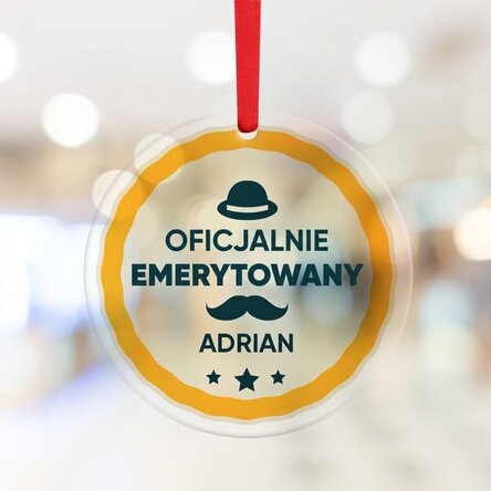 Okrągła ozdoba z indywidualnym napisem – przejście na emeryturę