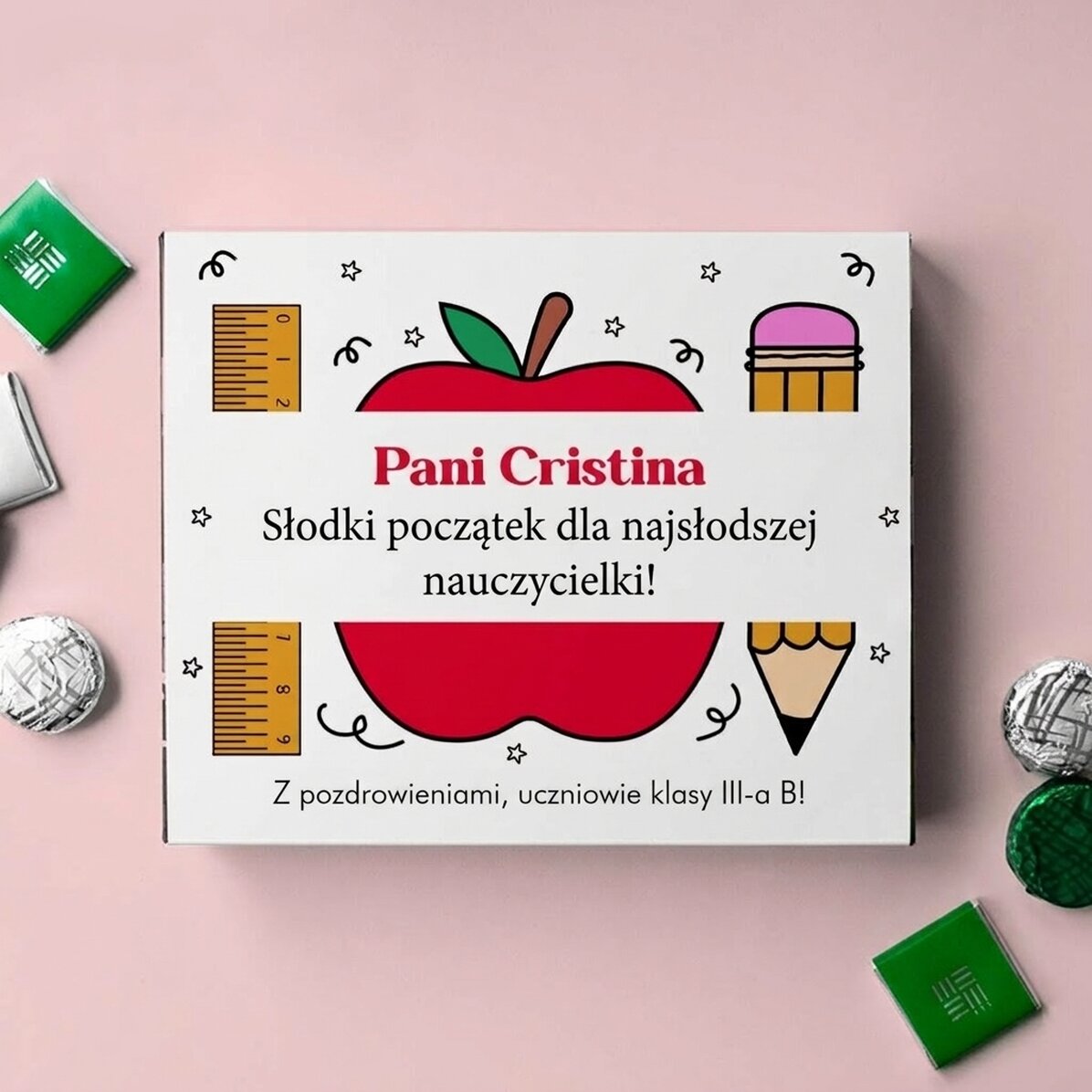 Spersonalizowane pudełko cukierków z dedykacją dla nauczycielek