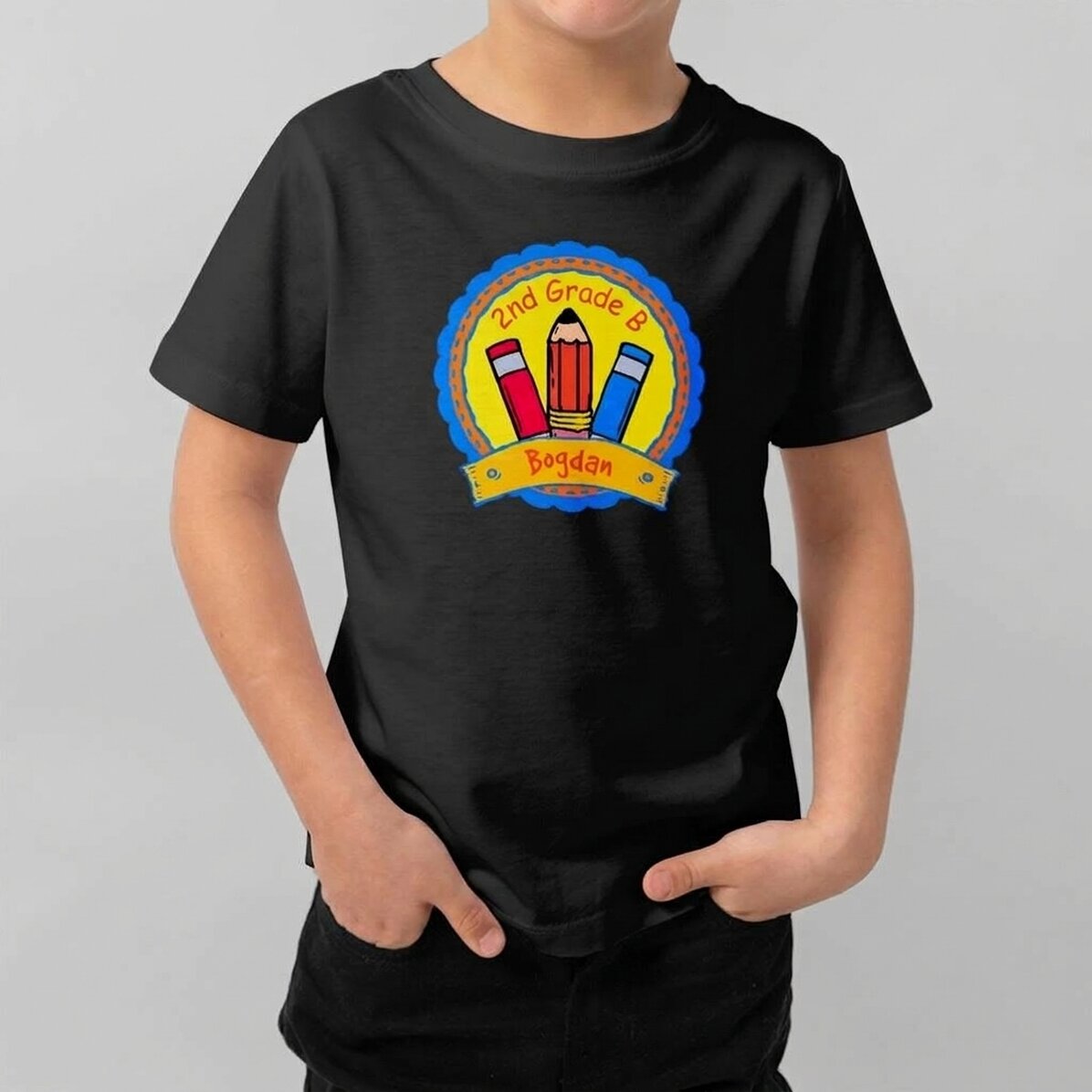 Customised cotton T-shirt for children with text - School Badge
