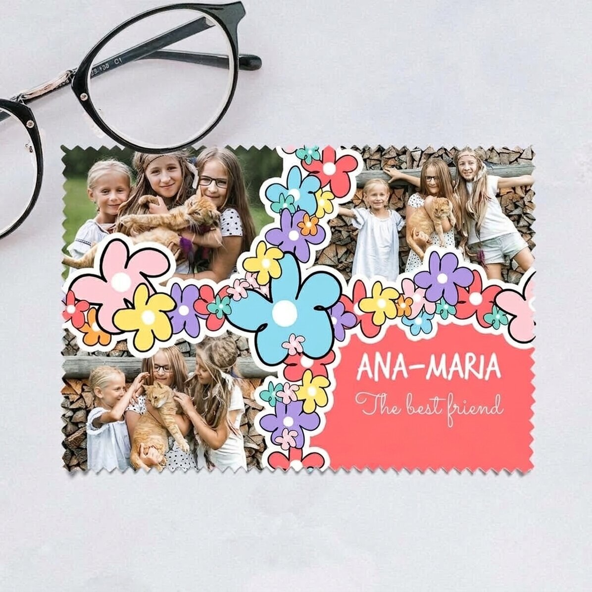 Spersonalizowana ściereczka z 3 zdjęciami do czyszczenia ekranów/okularów – Doodle flowers