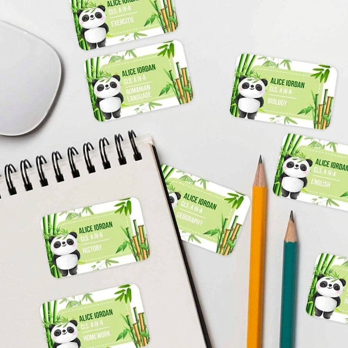 Zestaw 8 spersonalizowanych naklejek (samoprzylepnych etykiet) do szkoły – Cute Panda