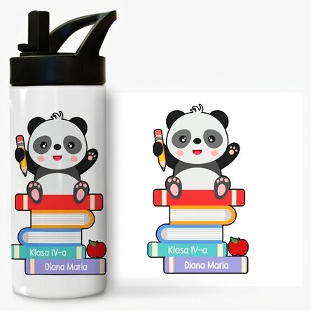 Termos z uchwytem i słomką, spersonalizowany z napisem – Cute Panda