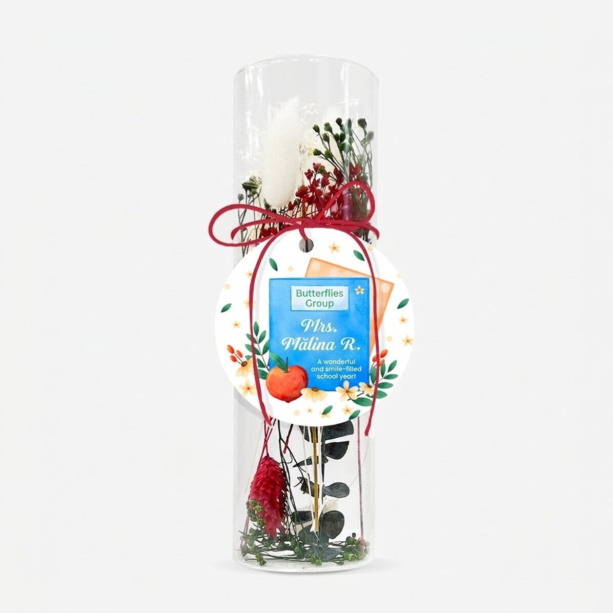 Glass ornament with preserved flowers, personalised with a message for teachers