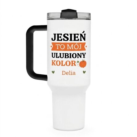 Termos z uchwytem i słomką, spersonalizowany napisem – Jesień