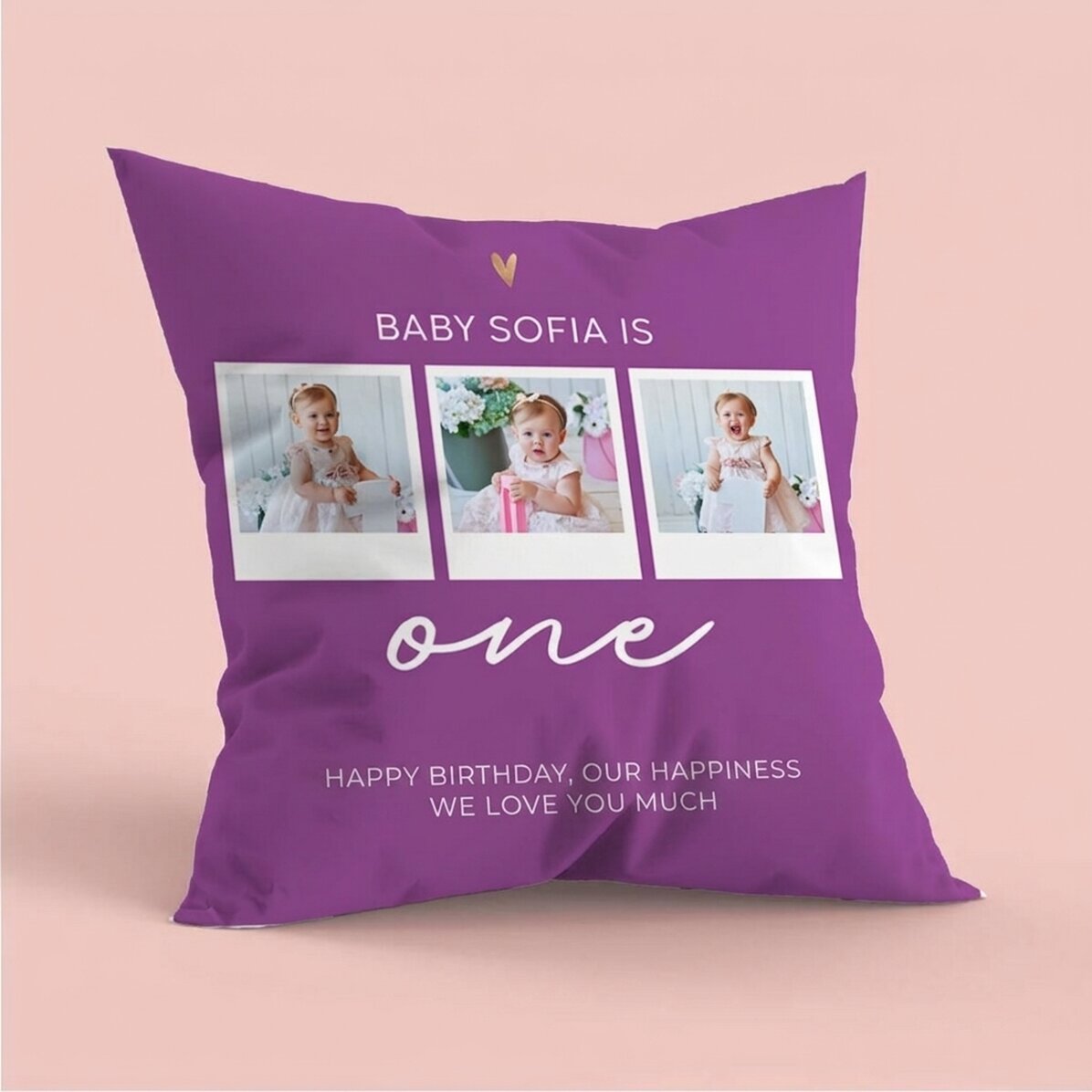 Spersonalizowana poduszka z 3 zdjęciami i napisem – Birthday baby