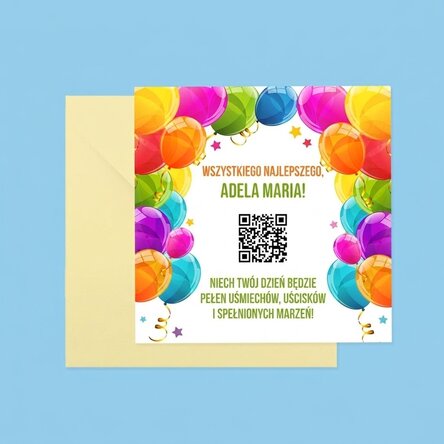Spersonalizowana kwadratowa kartka z napisem i kodem QR – Wszystkiego najlepszego z okazji urodzin!