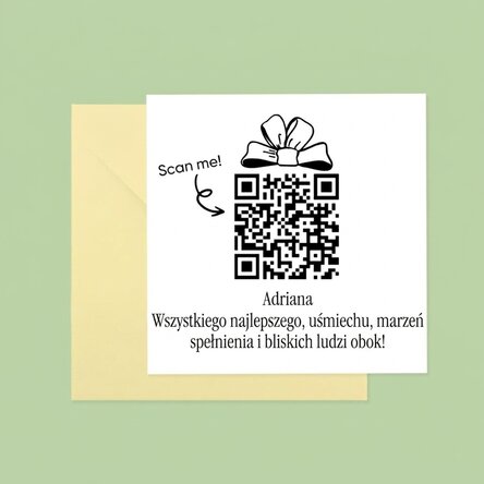 Spersonalizowana kwadratowa kartka z wiadomością i kodem QR – Wszystkiego najlepszego z okazji urodz