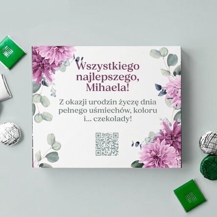 Spersonalizowane pudełko cukierków z napisem i kodem QR – Kwiaty