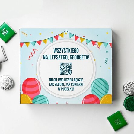 Spersonalizowane pudełko cukierków z napisem i kodem QR – Wszystkiego najlepszego z okazji urodzin!