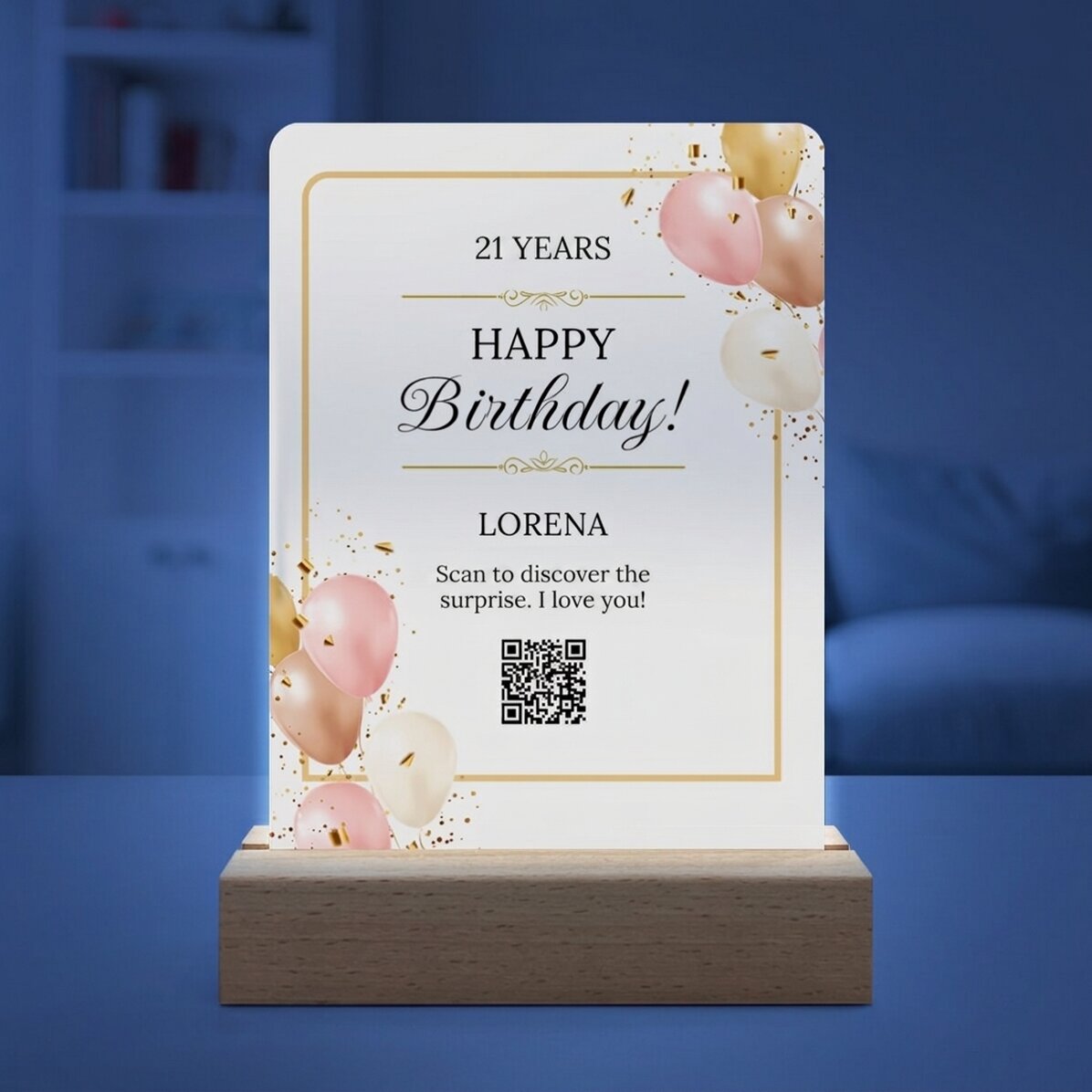 Spersonalizowana lampka nocna LED z napisem i kodem QR – Urodziny
