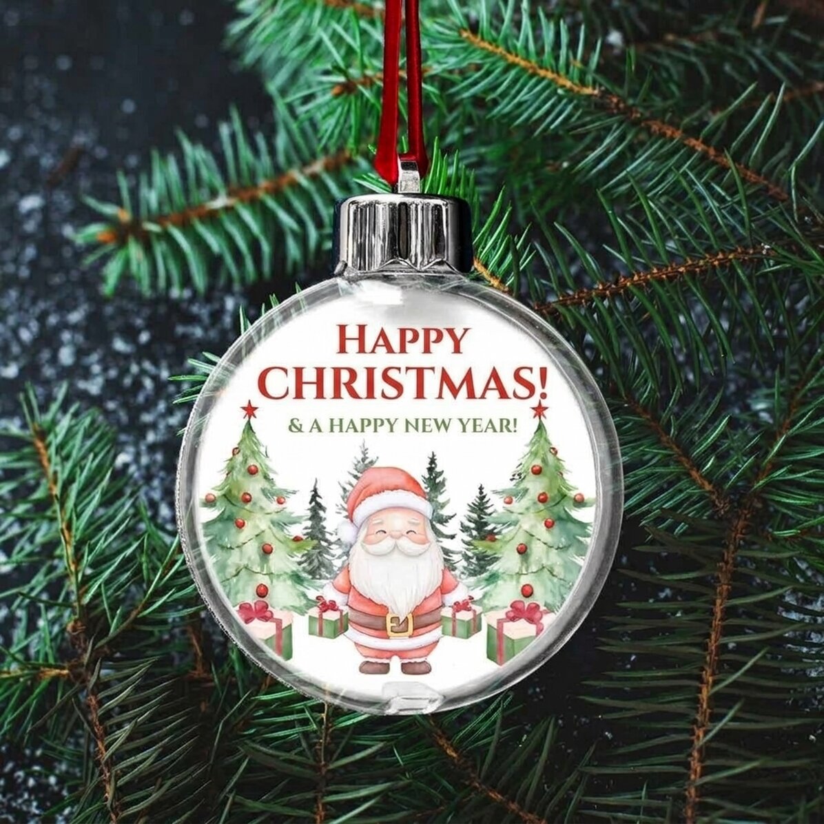Przezroczysta kula z personalizowanym nadrukiem z obu stron, ze zdjęciem i tekstem – Boże Narodzenie