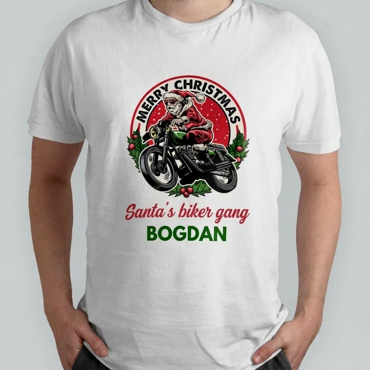 Koszulka bawełniana z nadrukiem – Święty Mikołaj na motocyklu