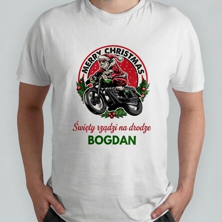 Koszulka bawełniana z nadrukiem – Święty Mikołaj na motocyklu