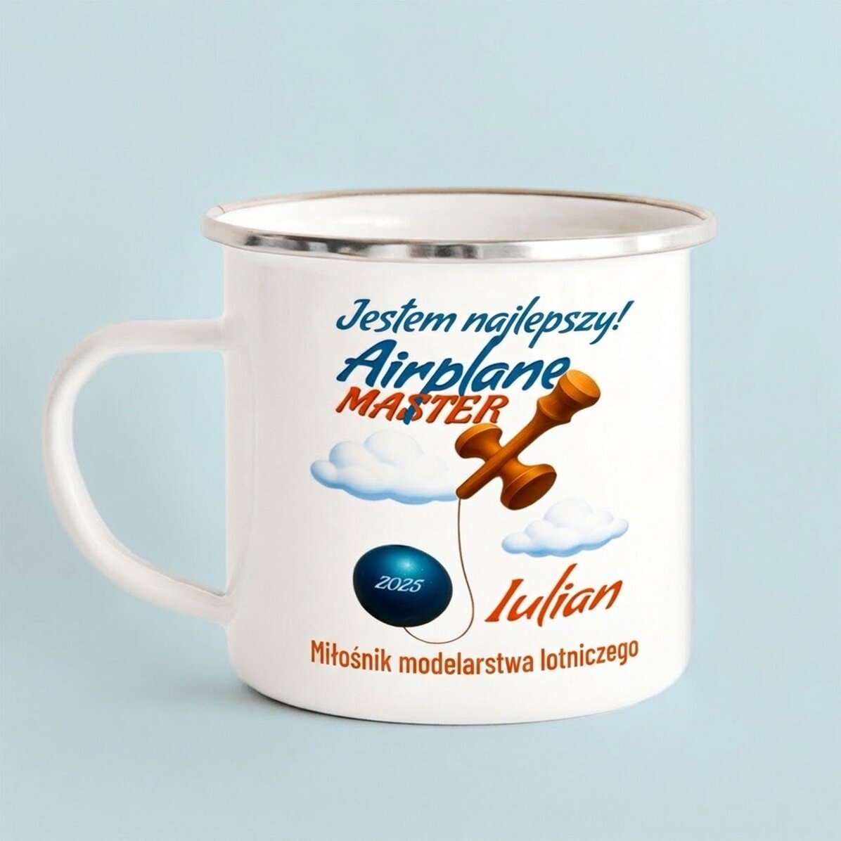 Emaliowany kubek metalowy z imieniem dla dzieci – Airplane Master