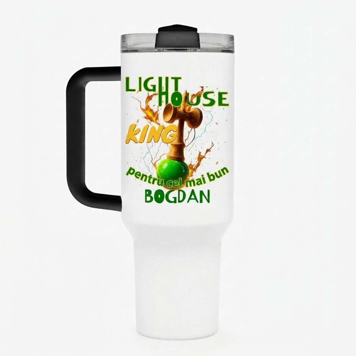 Termos z uchwytem i słomką, spersonalizowany imieniem – Lighthouse King