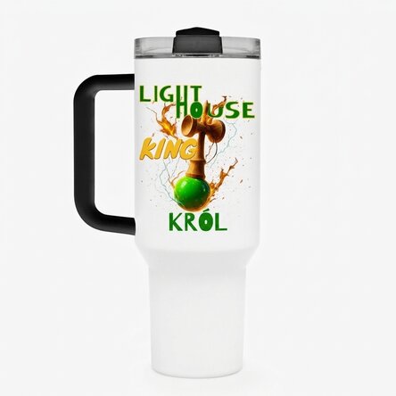 Termos z uchwytem i słomką, spersonalizowany imieniem – Lighthouse King