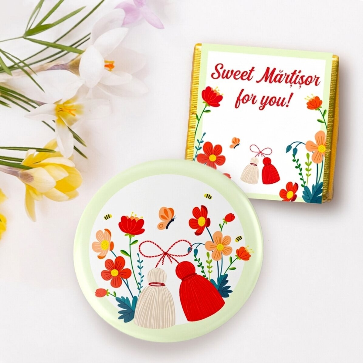 Zestaw upominkowy „martisor” z mini czekoladką i przypinką