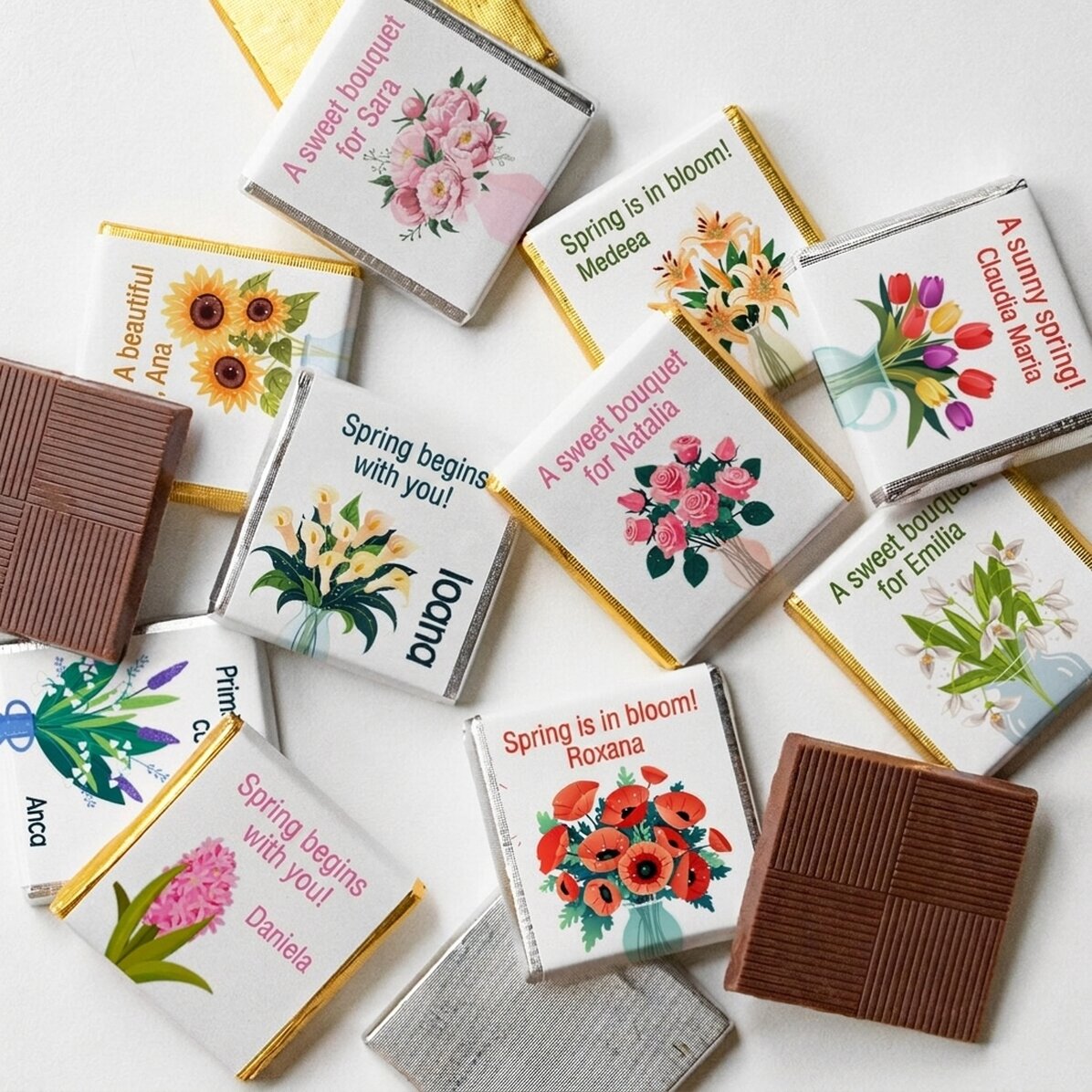 Zestaw 10 mini czekoladek z indywidualnym napisem – Flowers
