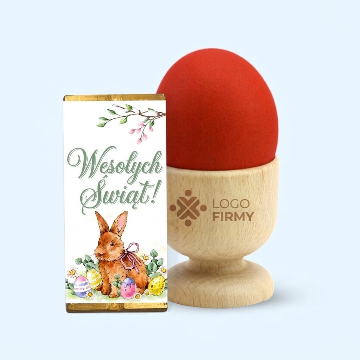 Zestaw upominkowy na Wielkanoc z personalizowanym stojakiem na jajka i mini tabliczką czekolady