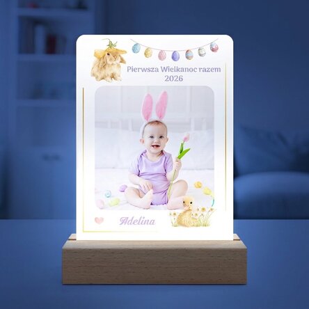 Spersonalizowana lampka nocna LED ze zdjęciem i napisem – Pierwsza Wielkanoc