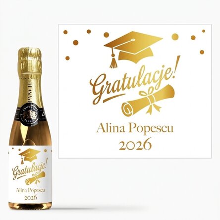Mini buteleczka wina musującego z indywidualnym napisem z okazji ukończenia szkoły – złota
