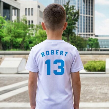 Children's sports T-shirt, personalised on the back with name and number – Football fan